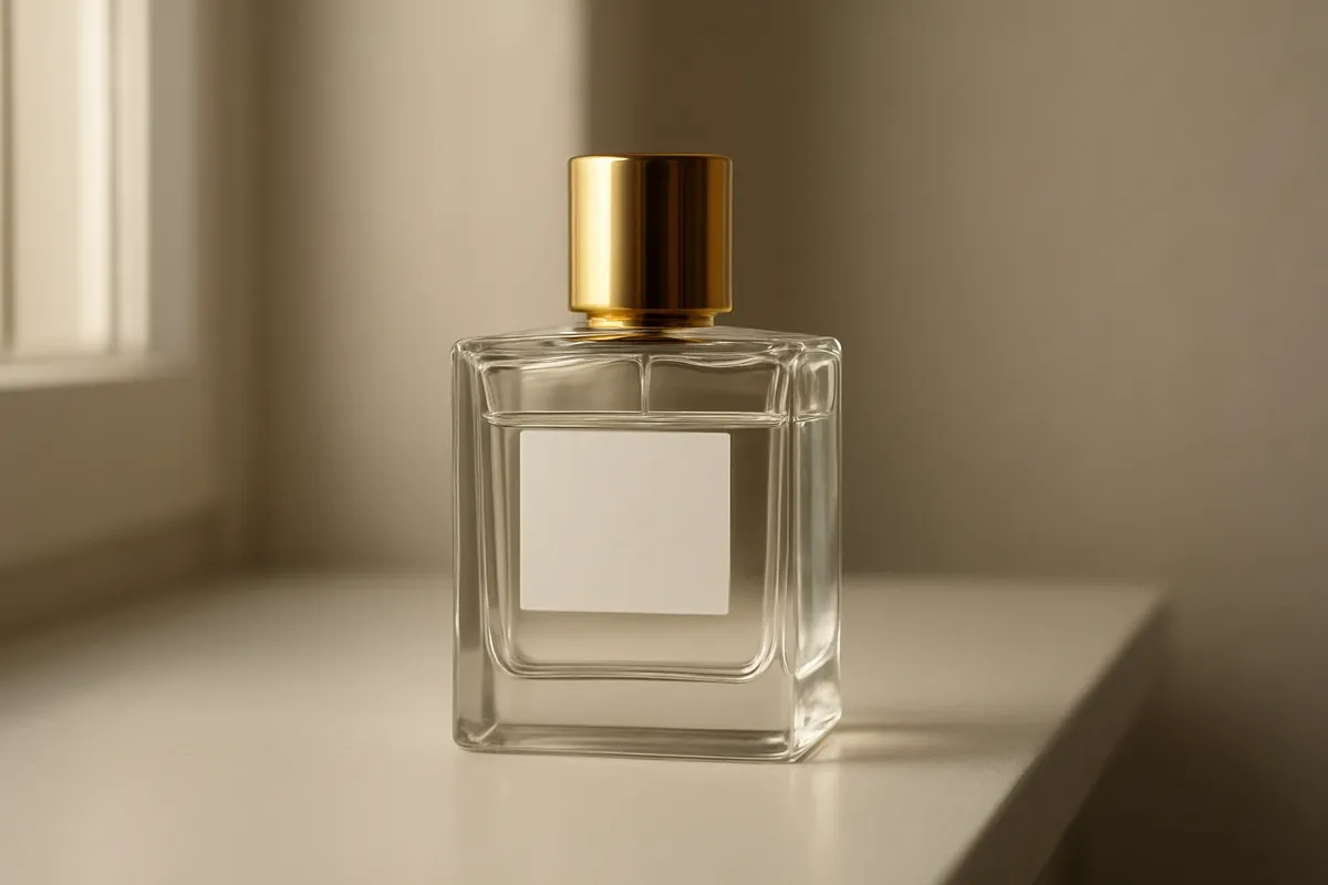 A perfume bottle with a gold cap beside a window