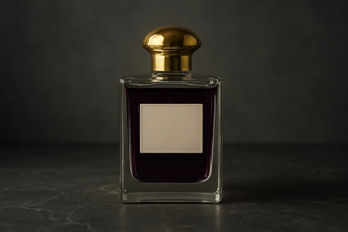 A tall perfume bottle with dark liquid and a gold cap
