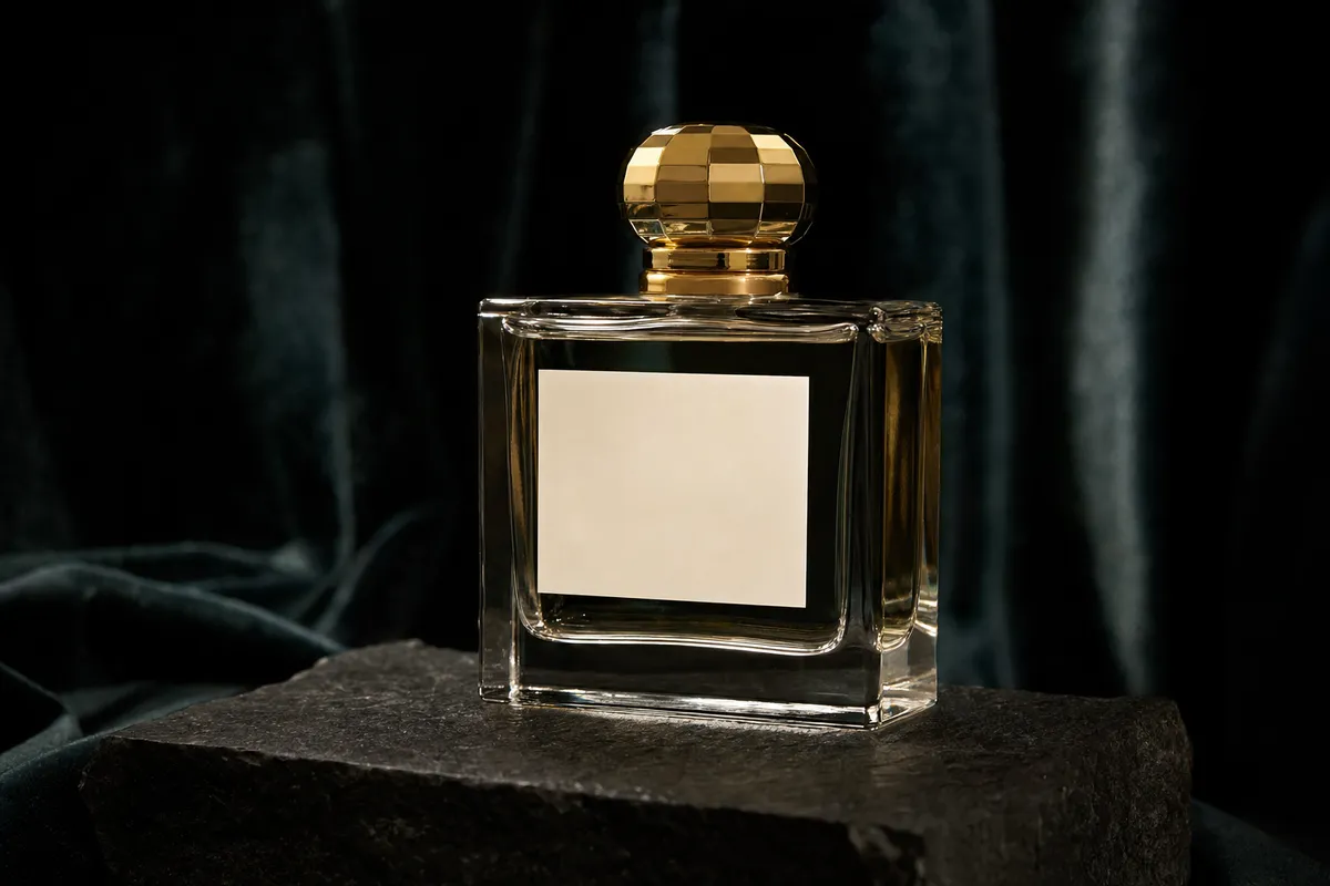 A perfume bottle with a gold cap on a dark stone slab