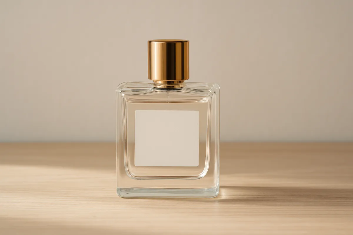 A perfume bottle with a gold cap on a pale timber surface