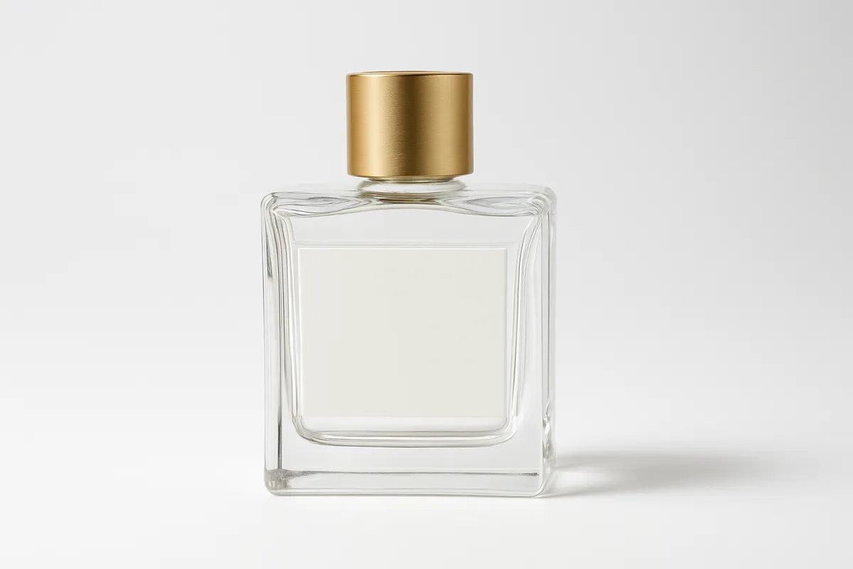 A perfume bottle with a gold cap on a white background