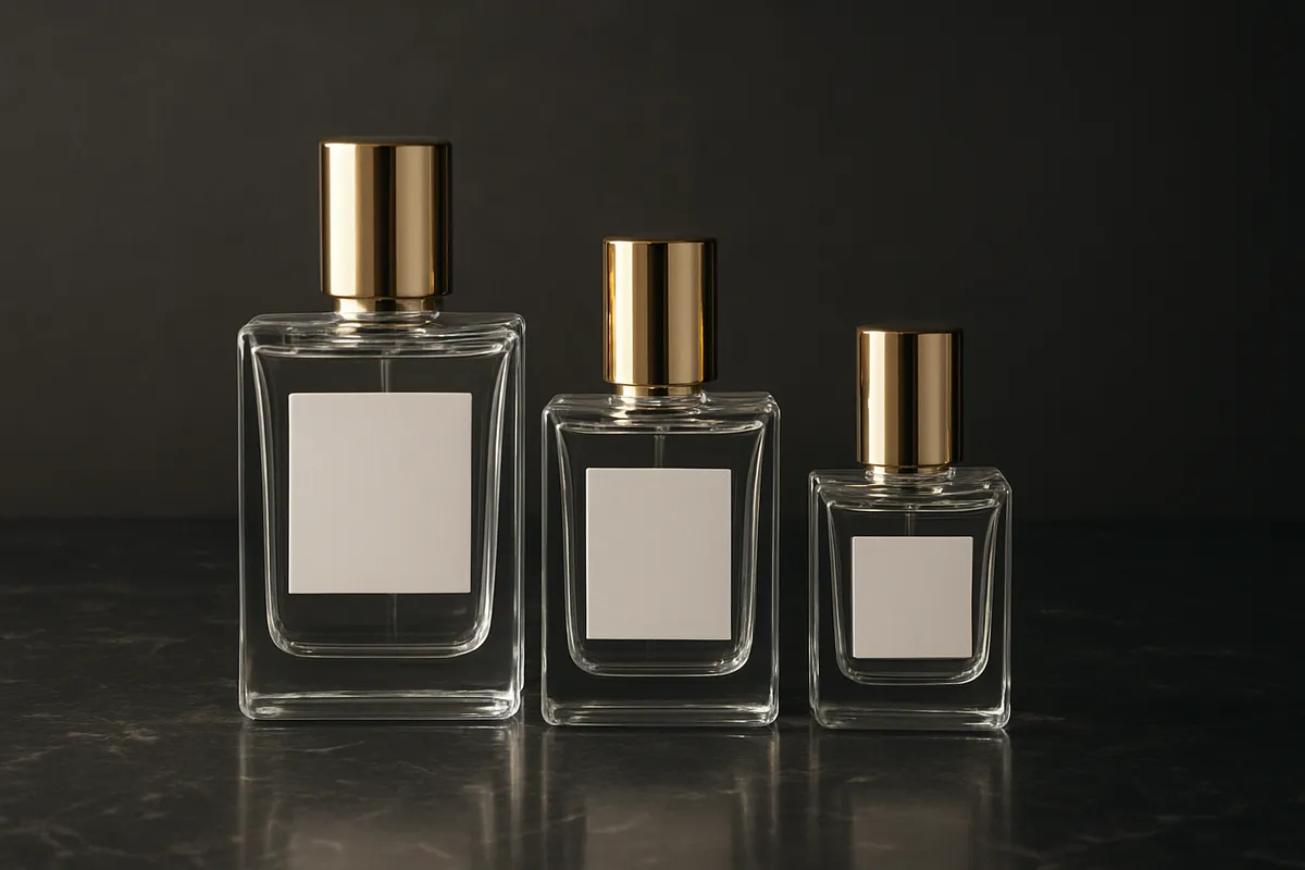 Three perfume bottles of different heights with gold caps